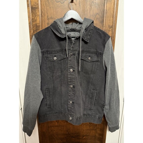 Brooklyn Cloth Trademark MEDIUM Black Denim Jacket with Gray Hood & Sleeves - Picture 1 of 3